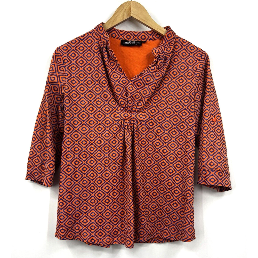Liza Byrd Top‎ Womens Geometric V Neck 3/4 Sleeve Blue Orange Shirt Size Medium